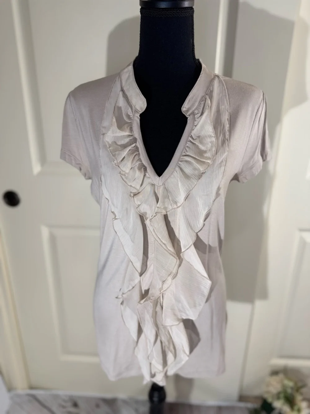 NWOT Kische Beige Ruffle V-Neck Short Sleeve Top Large